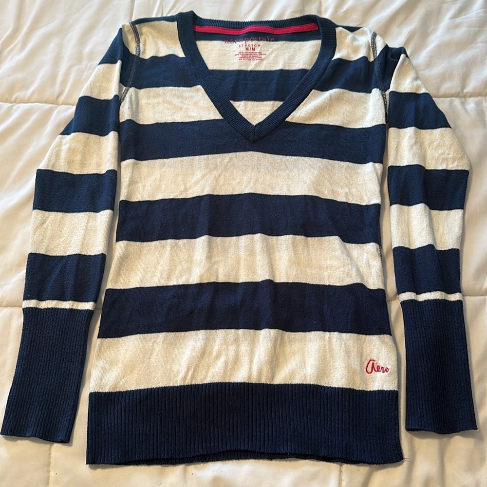 Aeropostale Navy and Cream Stripes V-Neck Sweater